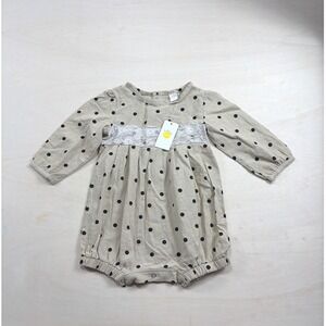 Little Sun Toddler Girls Tan Polka Dot Lace Trim Bubble Romper Size 2T NWT